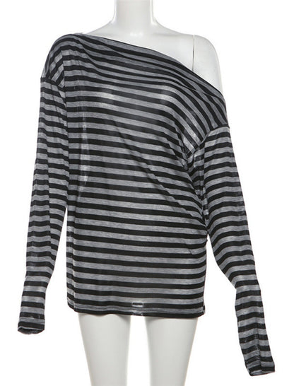 One-Shoulder Striped Long Sleeve Top