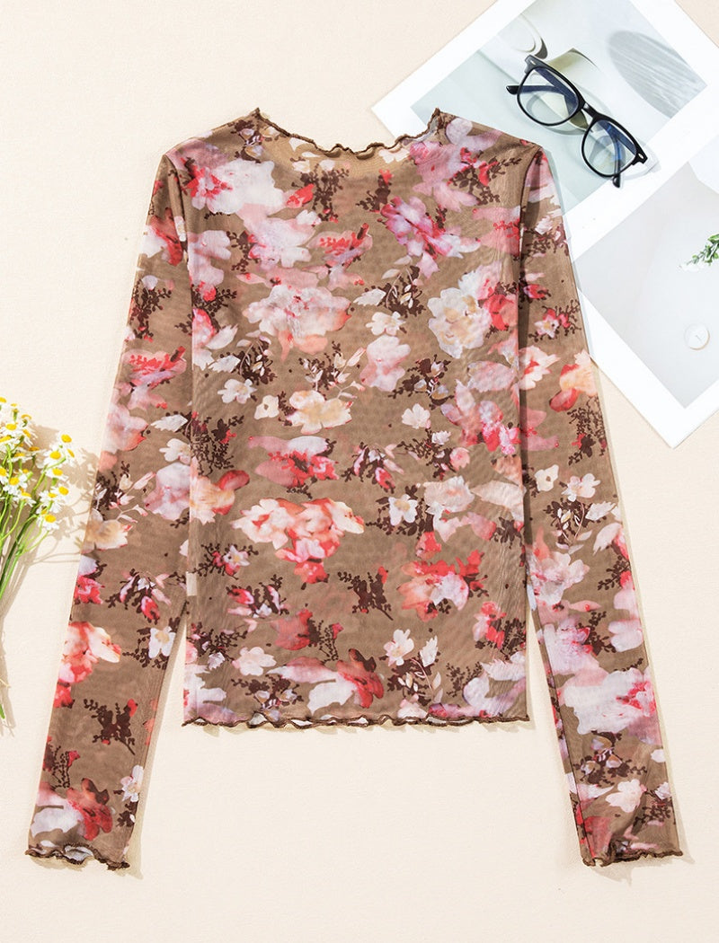 Floral Print Sheer Mesh Long-Sleeve Top