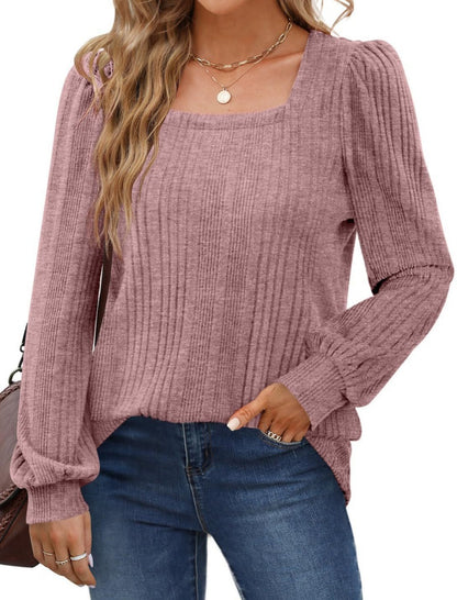 Ribbed Square Neck Long Sleeve Casual Top