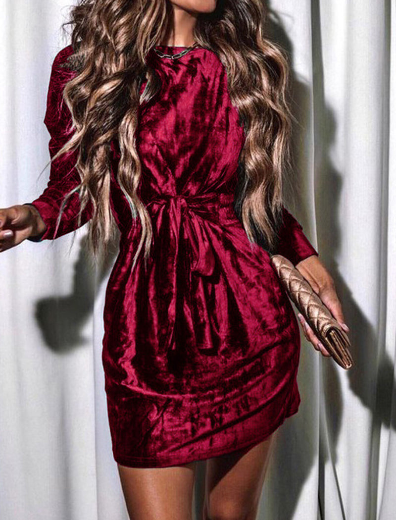 Velvet Wrap Long-Sleeve Mini Dress