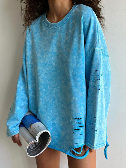 Acid Wash Long Sleeve Top with Cutout Details