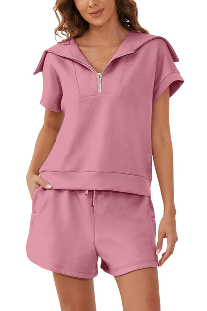 Zip-Up Collar Top and Shorts Set