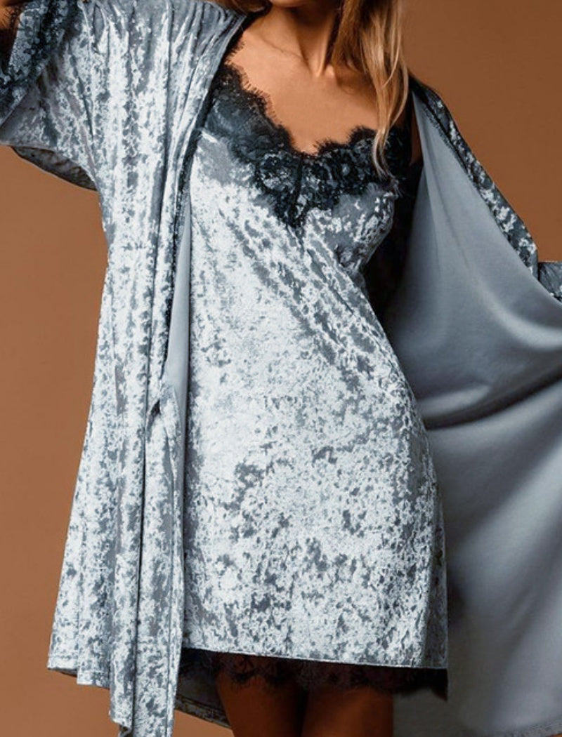 Velvet Lace Trim Robe and Nightgown Set