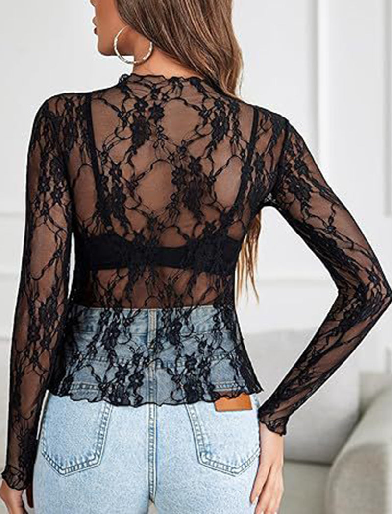 Sheer Floral Lace Long Sleeve Top