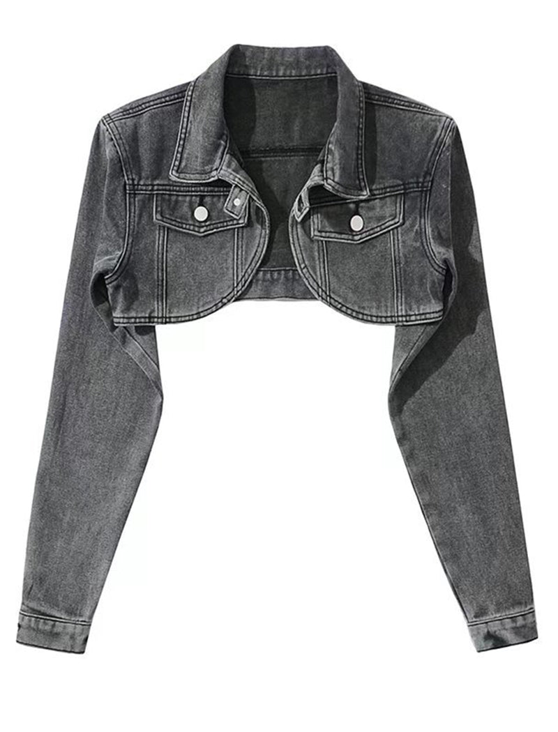 Cropped Button-Up Denim Bolero Jacket