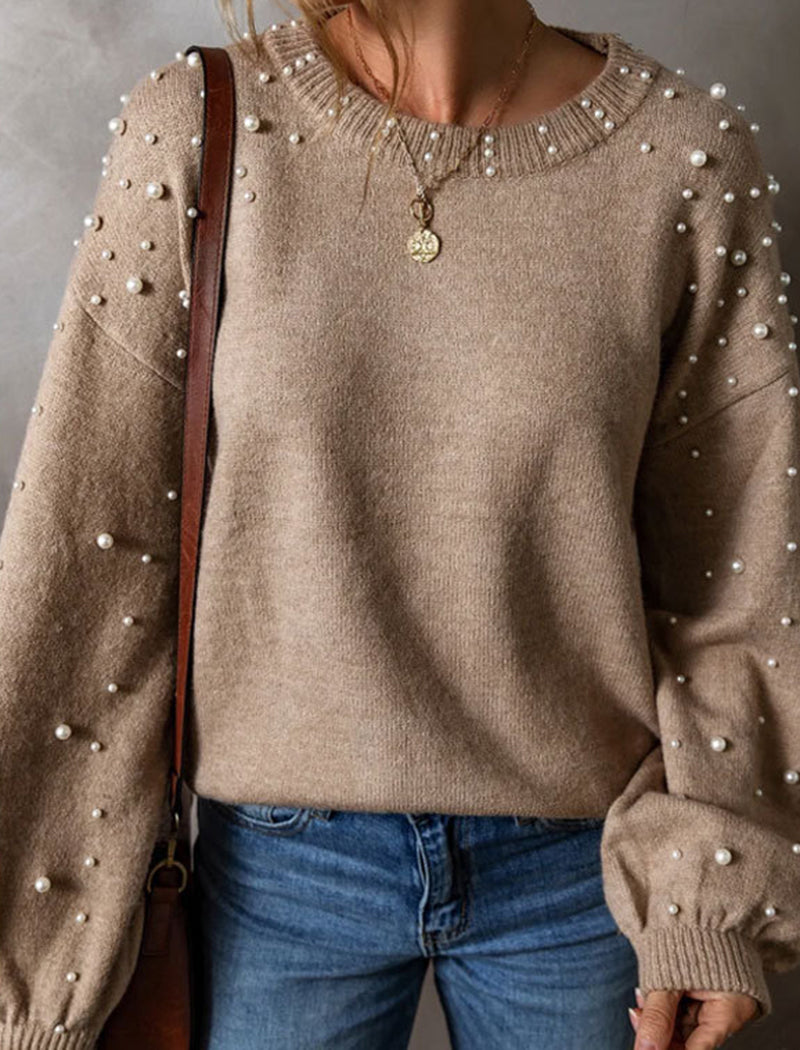 Pearl Embellished Puff-Sleeve Sweater