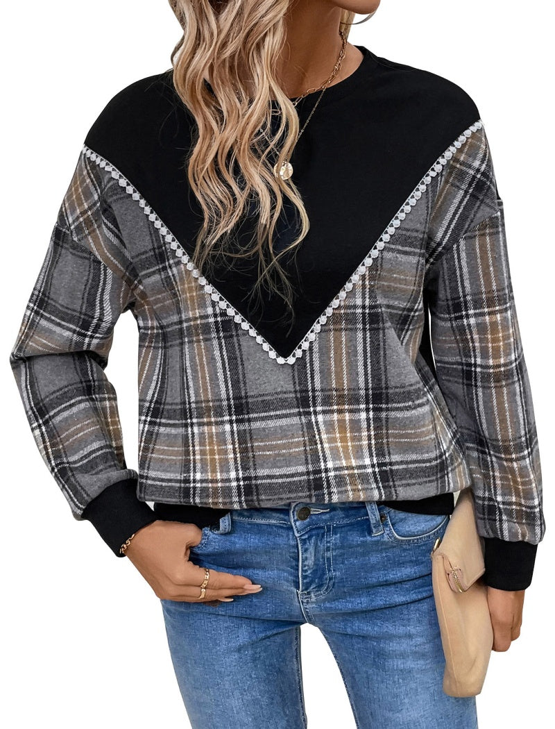 Plaid-Panel Round Neck Top