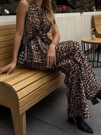 Leopard Print Vest and Wide-Leg Pants Set