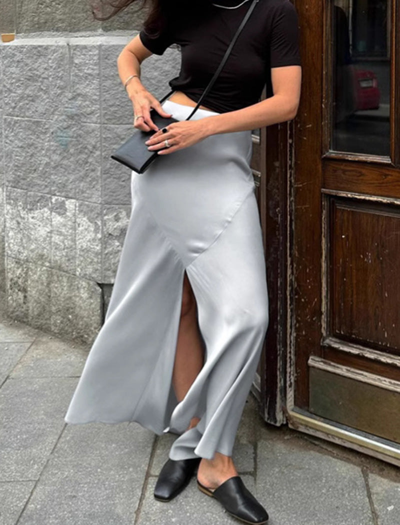 Flowy Satin Maxi Skirt with Slit