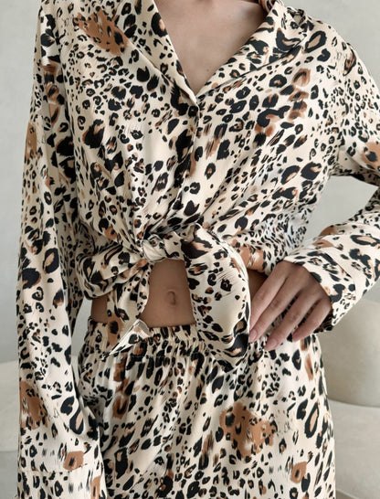 Leopard Button-Down Shirt and Wide-Leg Pants Set