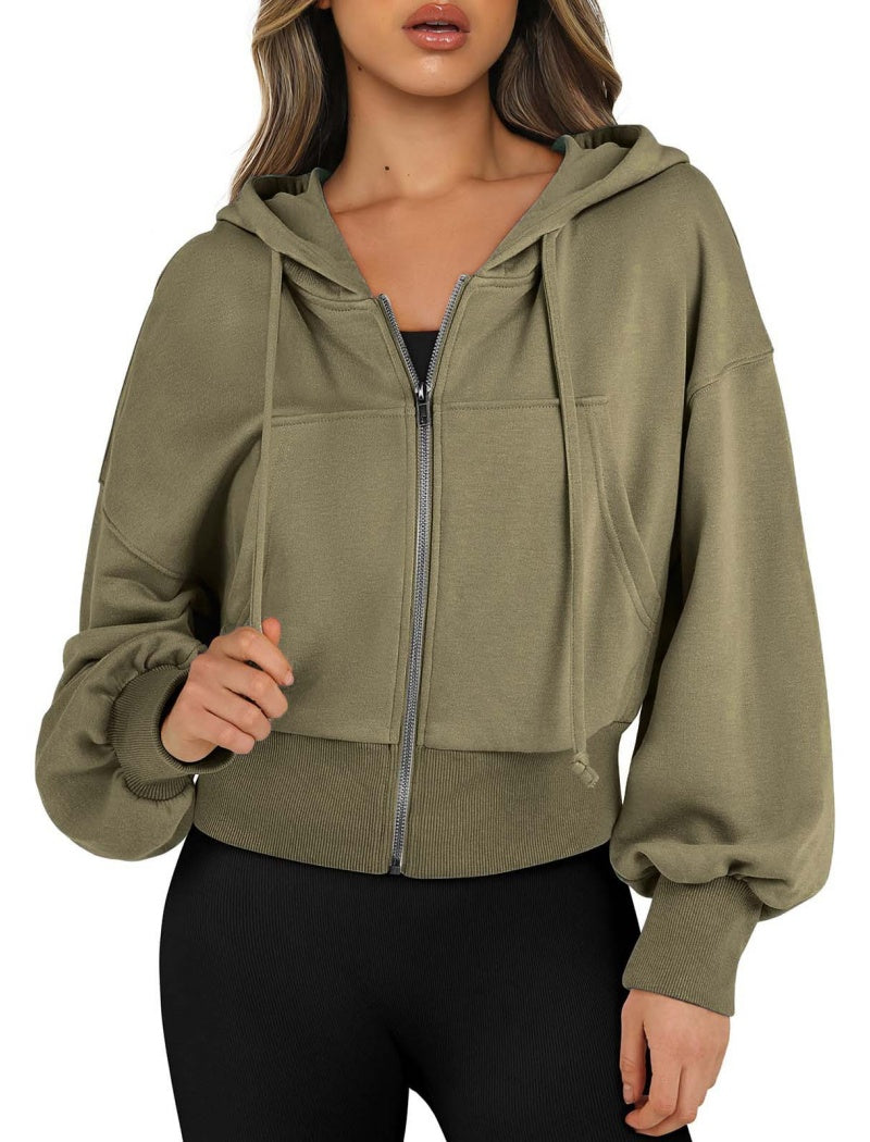 Cropped Zip-Up Hoodie with Elastic Cuffs