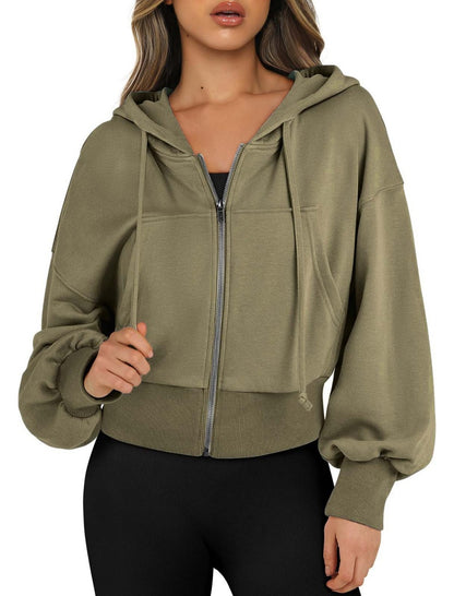 Cropped Zip-Up Hoodie with Elastic Cuffs