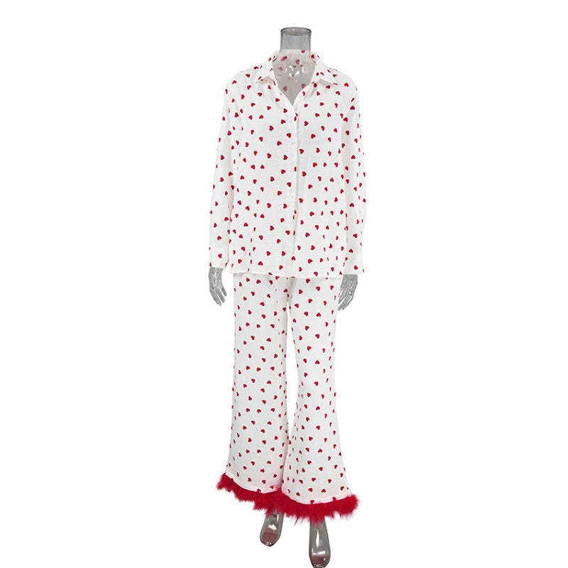 Heart Print Pajama Set with Feather Trim