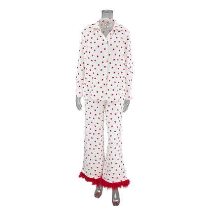Heart Print Pajama Set with Feather Trim