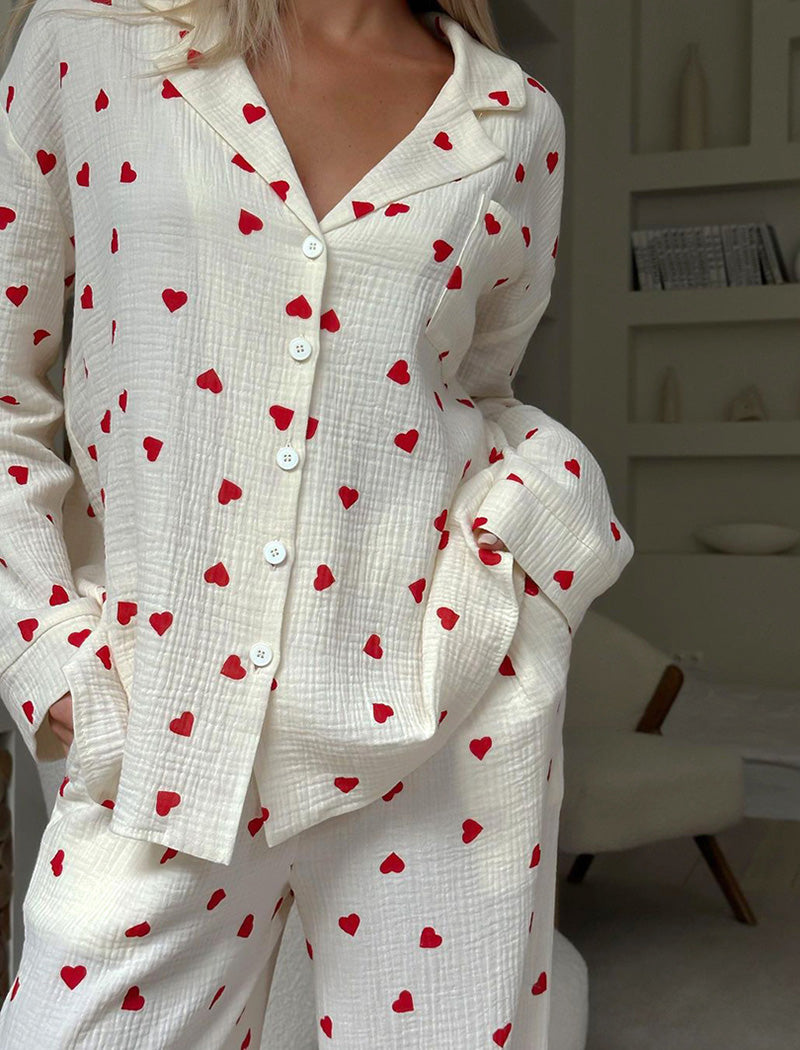 Heart Print Long Sleeve Pajama Set