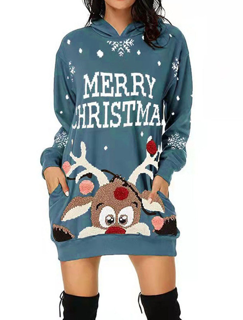 Reindeer Graphic Christmas Hoodie Dress