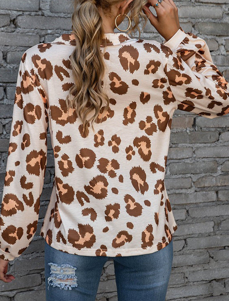 Leopard Print V-Neck Off-Shoulder Long Sleeve Top