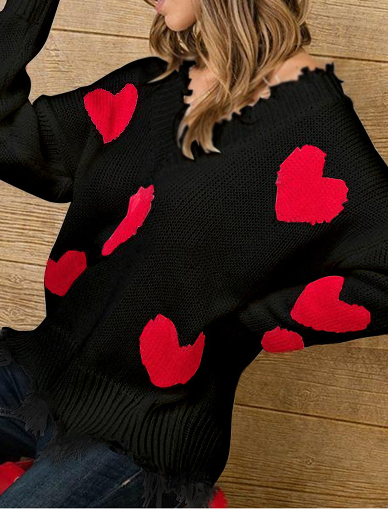 Heart Pattern Distressed V-Neck Sweater