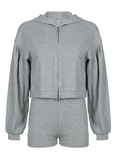 Knit Hoodie and Corset and Shorts Set