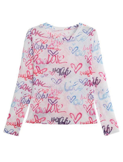 Graffiti Print Long Sleeve Mesh Tee