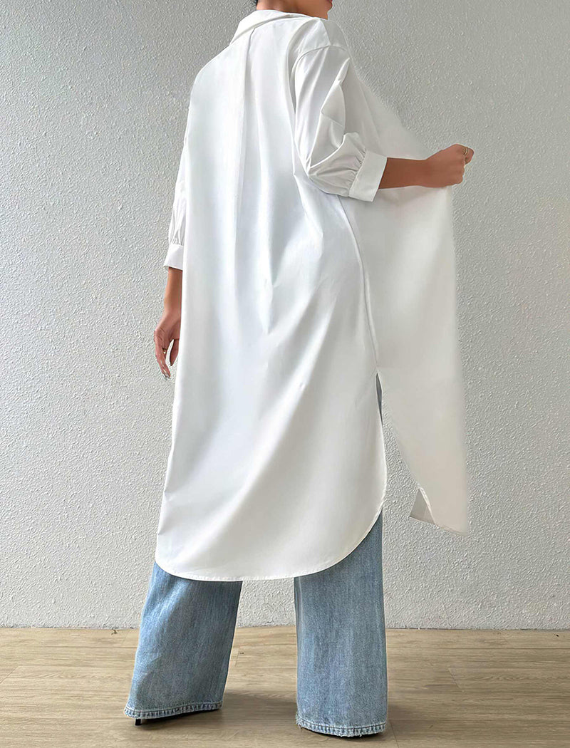 Solid Mid-Sleeve Long Cardigan Shirt