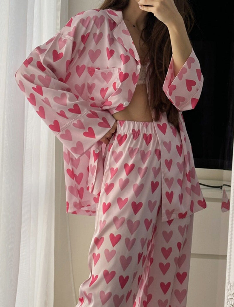 Heart Pattern Button-Up Pajama Set