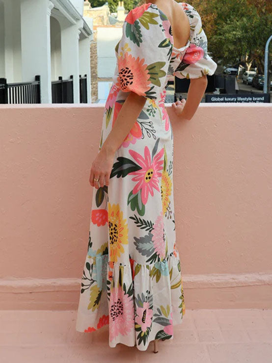 Floral Print Puff Sleeve Maxi Dress