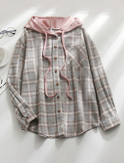 Hooded Plaid Button-Up Shirt