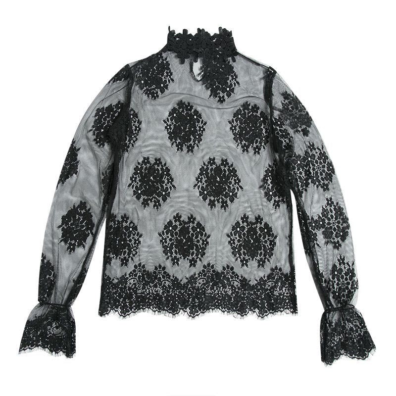 Sheer Floral Lace Long-Sleeve Top