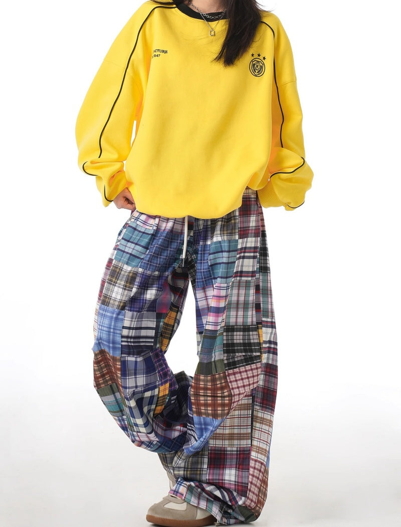 Patchwork Plaid Drawstring Pants