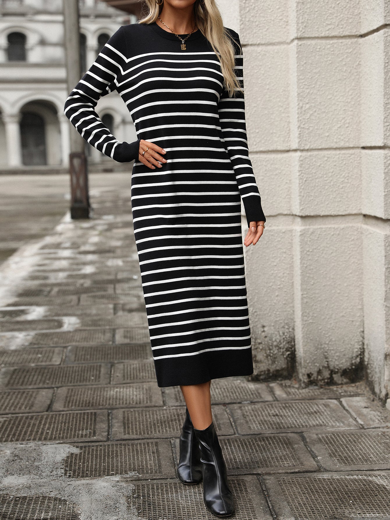 Slim Color-Block Knit Striped Dress