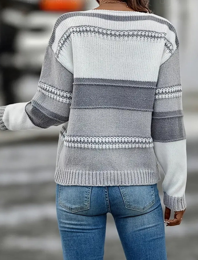 V-Neck Striped Knit Pullover Sweater