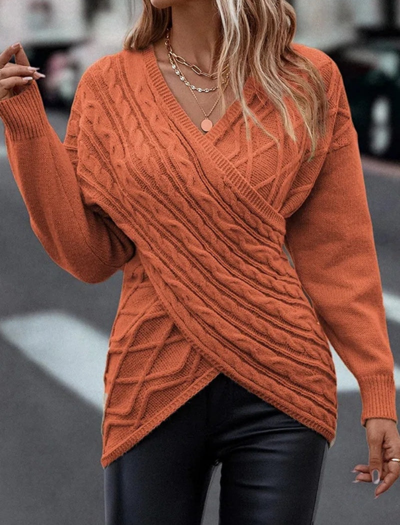 Wrap Front Textured Knit Sweater