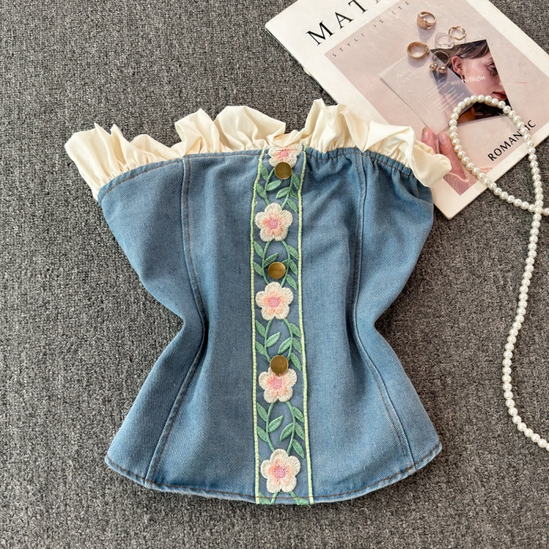 Ruffle Trim Off-Shoulder Denim Bustier
