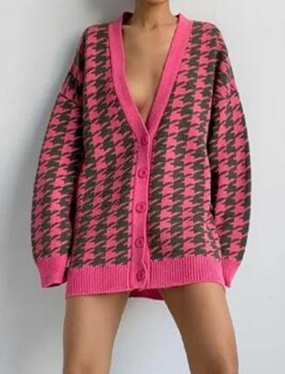 Oversized Houndstooth Button-Up Cardigan