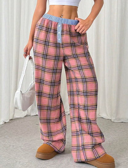 Plaid Color-Block Waistband Straight Leg Pants