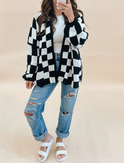 Checkered Open-Front Knit Cardigan