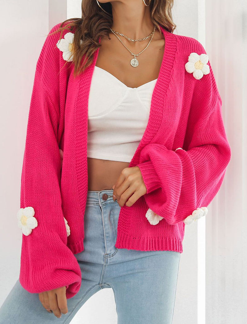 3D Flower Lantern Sleeve Knit Cardigan