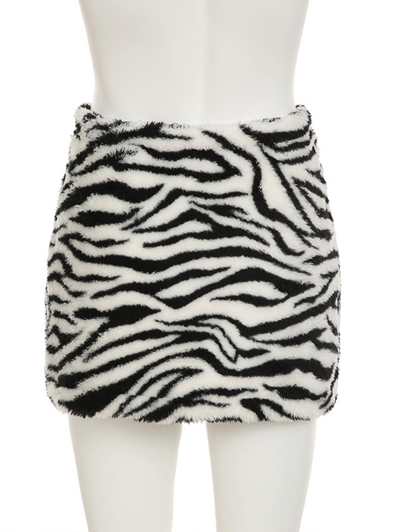 Zebra Faux Fur Mini Skirt