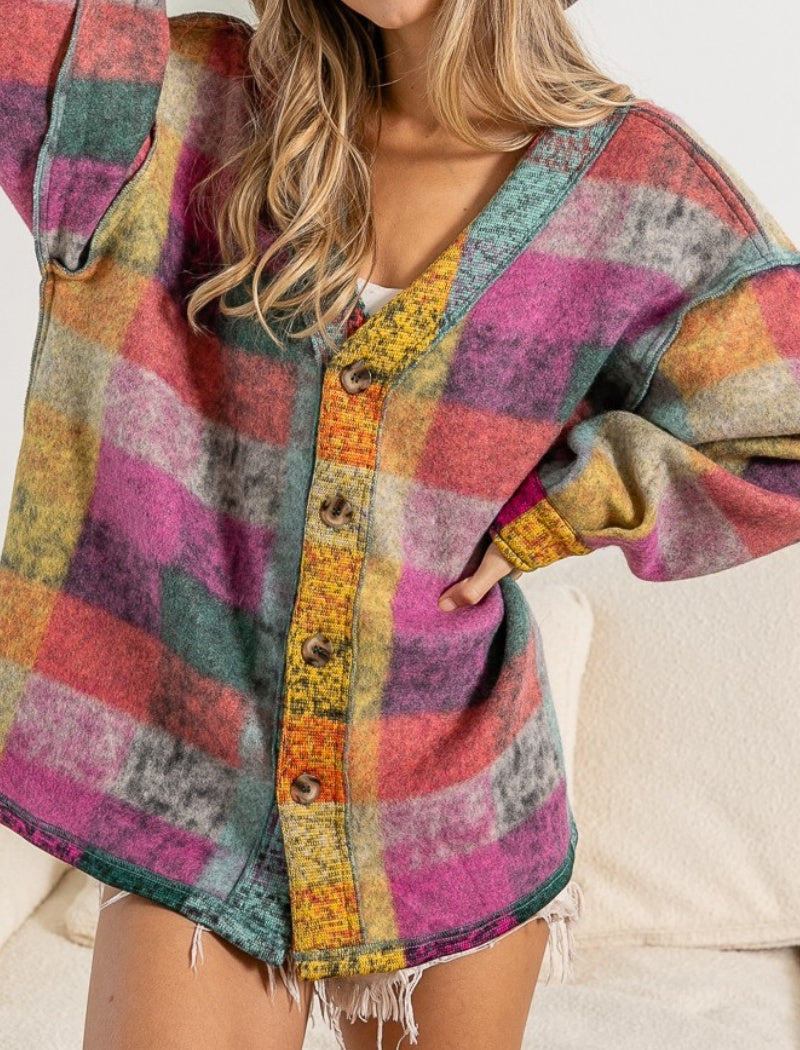 Colorful Plaid Button-Up Cardigan