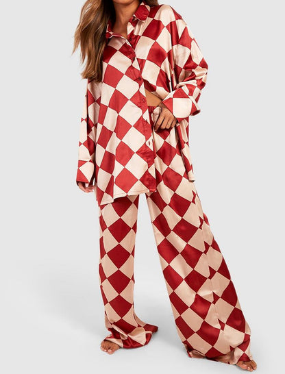 Checkerboard Print Satin Pajama Set