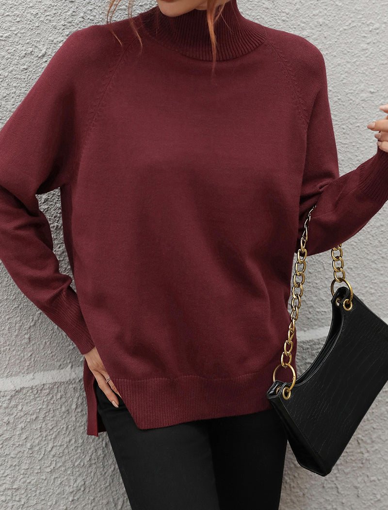 Solid High-Neck Knit Sweater with Side Slits