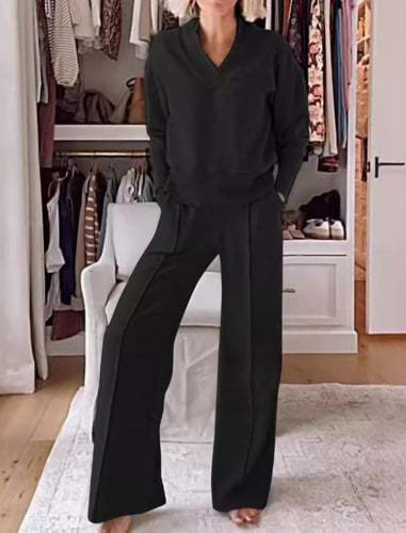 Ribbed Loungewear Set with Wide-Leg Pants