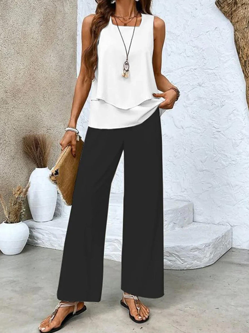 Layered Sleeveless Top and Wide-Leg Pants Set