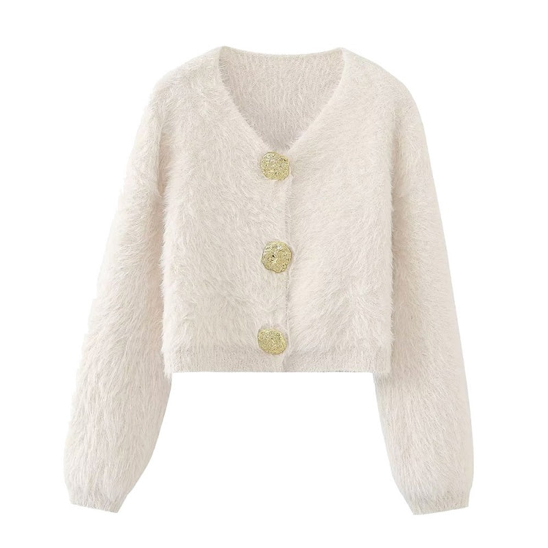 Button-Front Fuzzy Knit Cardigan