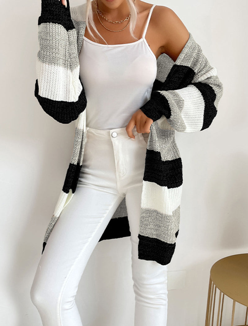 Striped Open-Front Knit Cardigan