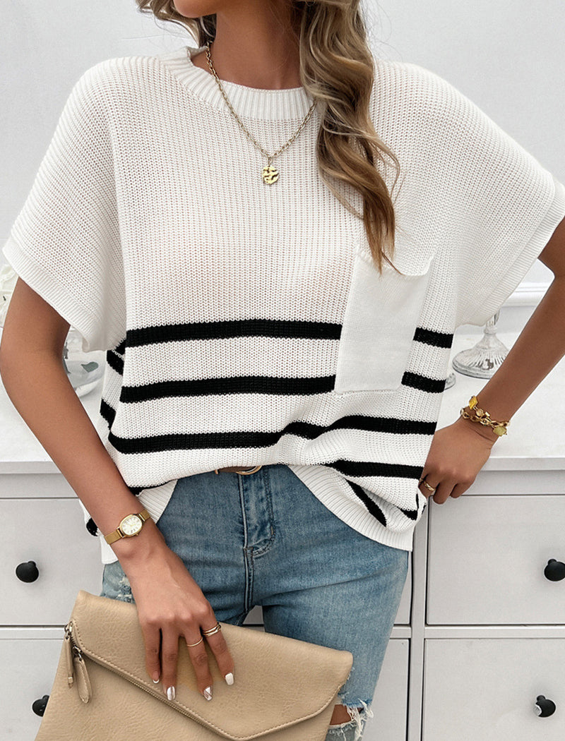 Striped Loose-Fit Pocket Knit Top