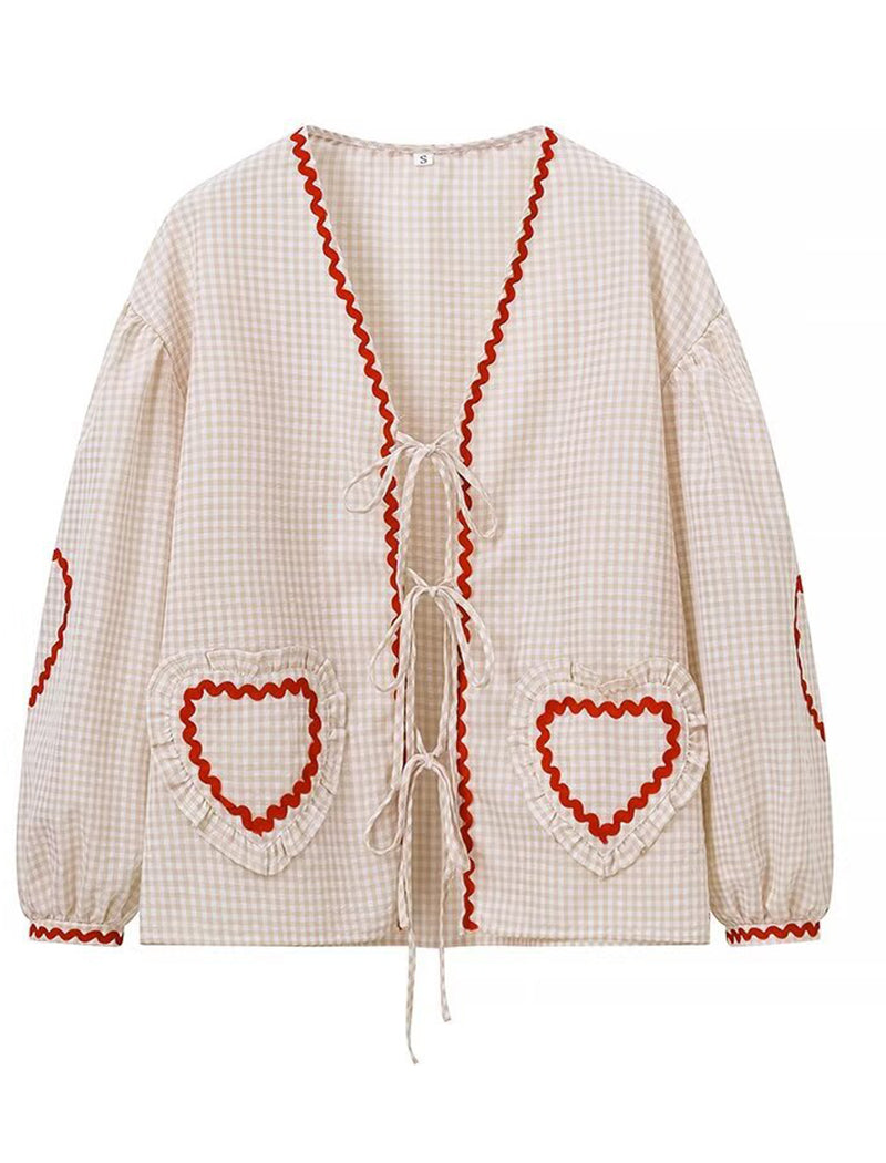 Heart Pocket Checkered Loose Long Sleeve Shirt