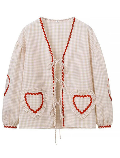 Heart Pocket Checkered Loose Long Sleeve Shirt
