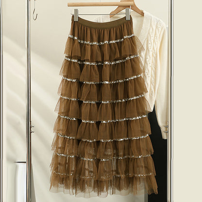 Layered Ruffle Tulle Midi Skirt
